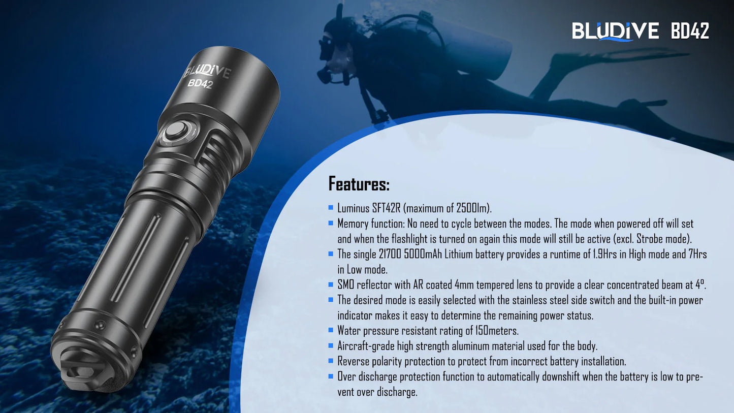 BluDive BD42 Dive Torch - 2700 Lumens, 150m Diving Depth