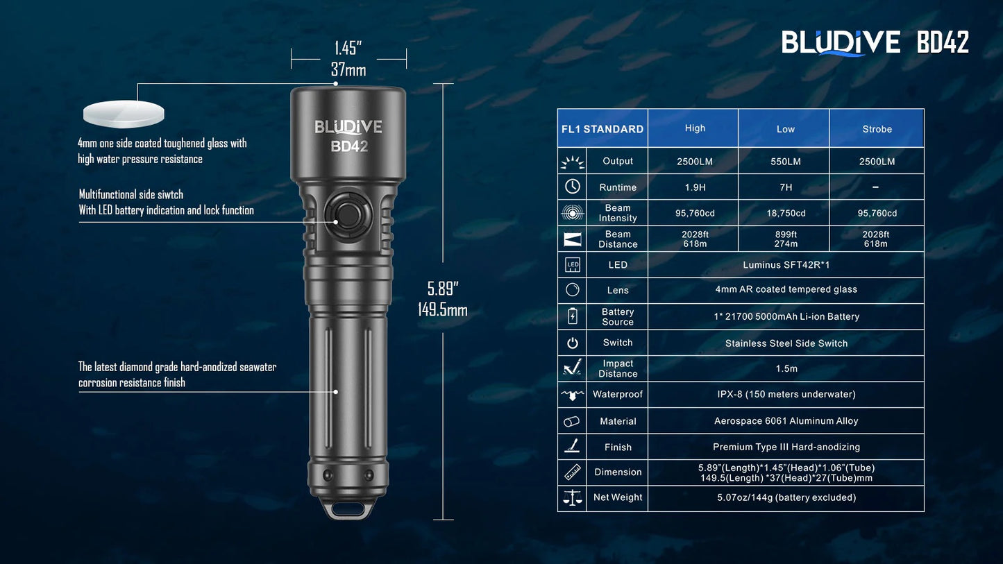 BluDive BD42 Dive Torch - 2700 Lumens, 150m Diving Depth