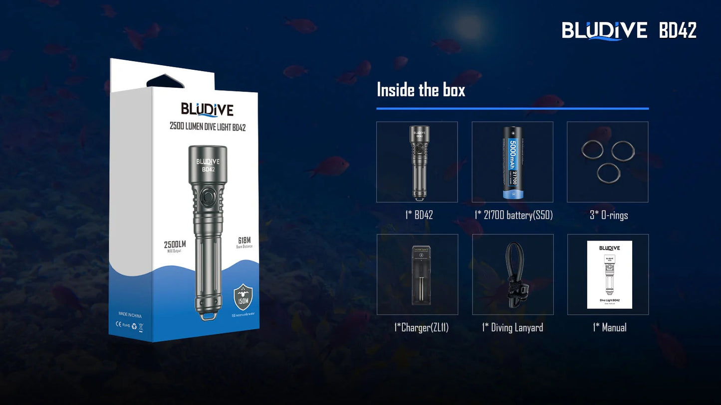 BluDive BD42 Dive Torch - 2700 Lumens, 150m Diving Depth