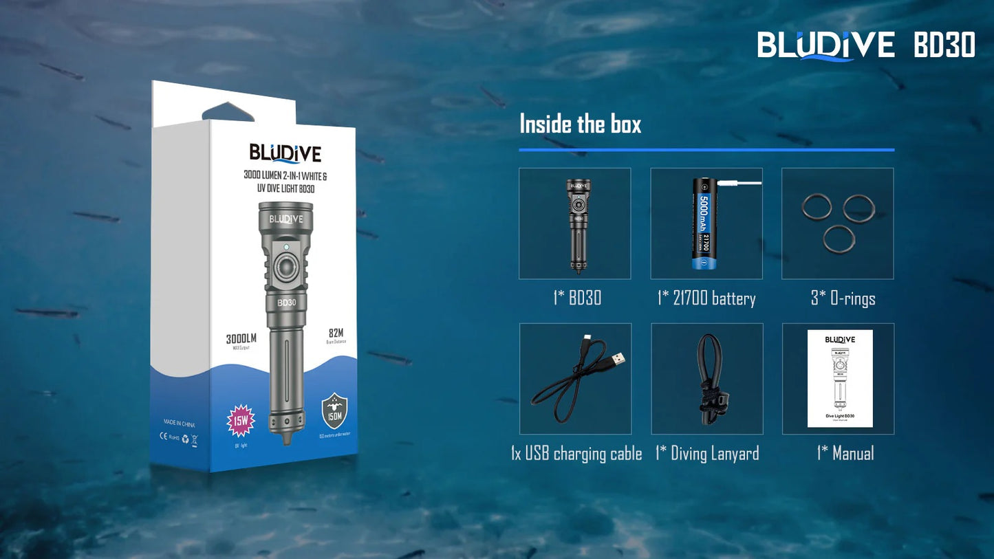 BluDive BD30 3000 Lumen Dive Light – 134° Wide Beam Scuba Video Torch, Dual White & UV, 150m Waterproof, USB-C 21700 Rechargeable