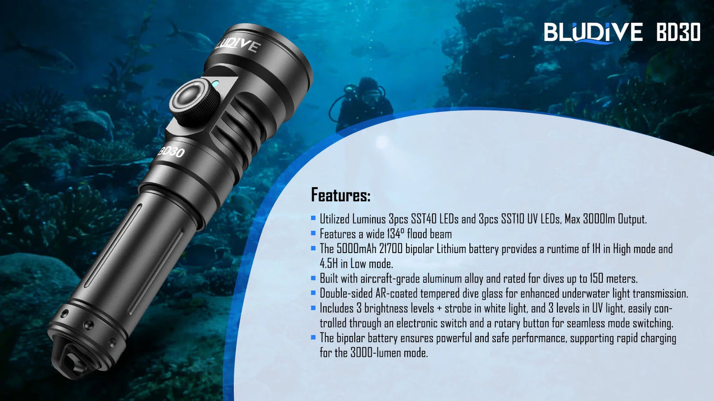 BluDive BD30 3000 Lumen Dive Light – 134° Wide Beam Scuba Video Torch, Dual White & UV, 150m Waterproof, USB-C 21700 Rechargeable