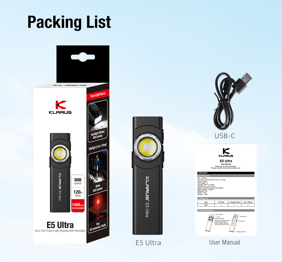 Klarus E5 Ultra (Black) - 800 Lumens, 120 Metres