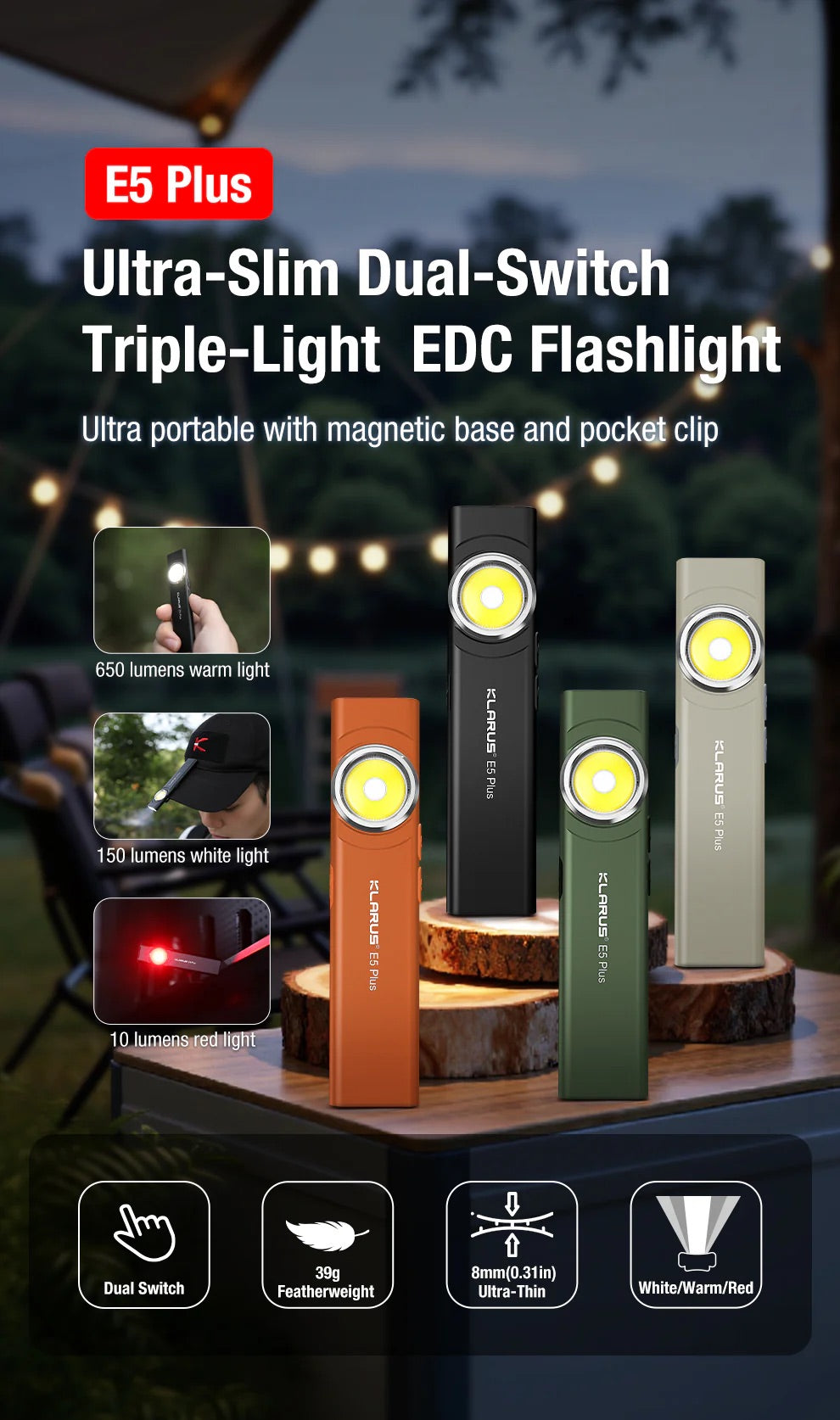 Klarus E5 Plus Rechargeable EDC Tool Light with Magnetic Base – 650 Lumens (Green)