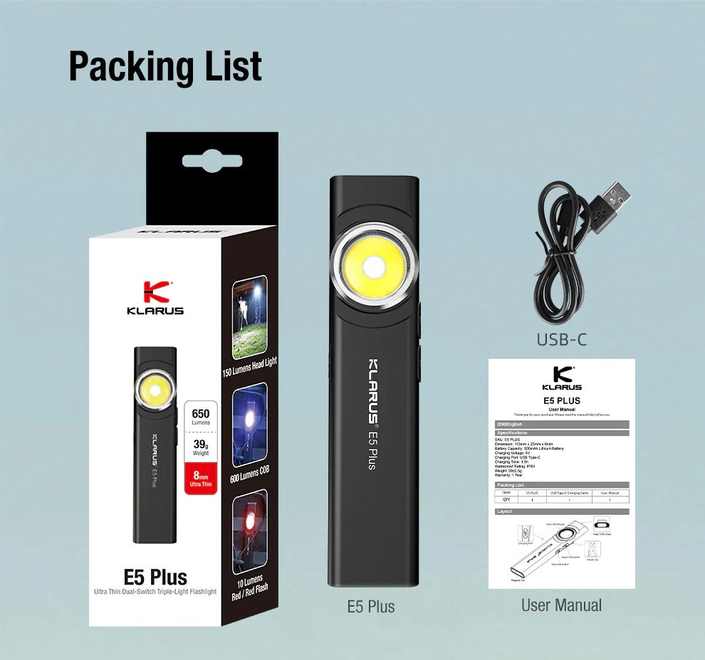 Klarus E5 Plus Rechargeable EDC Tool Light with Magnetic Base – 650 Lumens (Black)