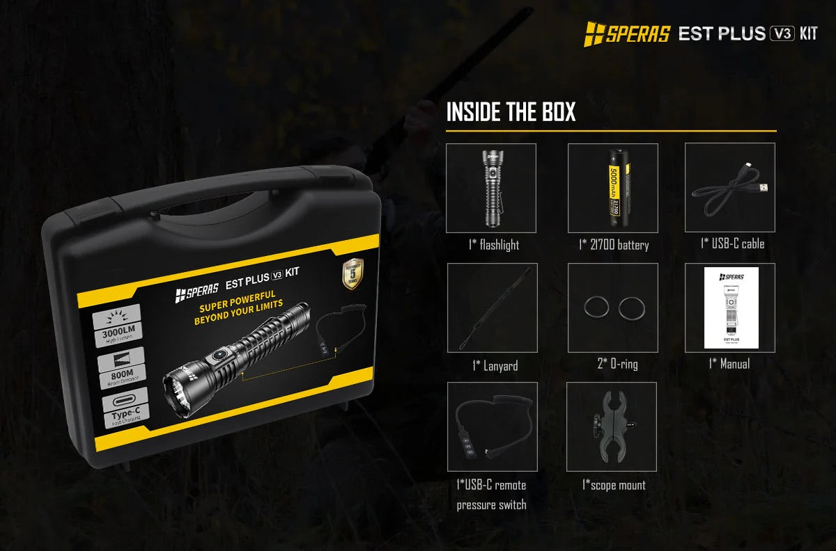 SPERAS EST Plus V3 USB-C Rechargeable Hunting Torch Kit - 3000 Lumens - 800m