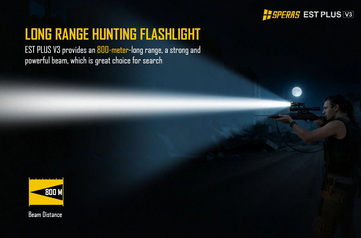SPERAS EST PLUS V3 3000 Lumen Tactical Flashlight (800m Throw) – USB-C Rechargeable 21700 Torch