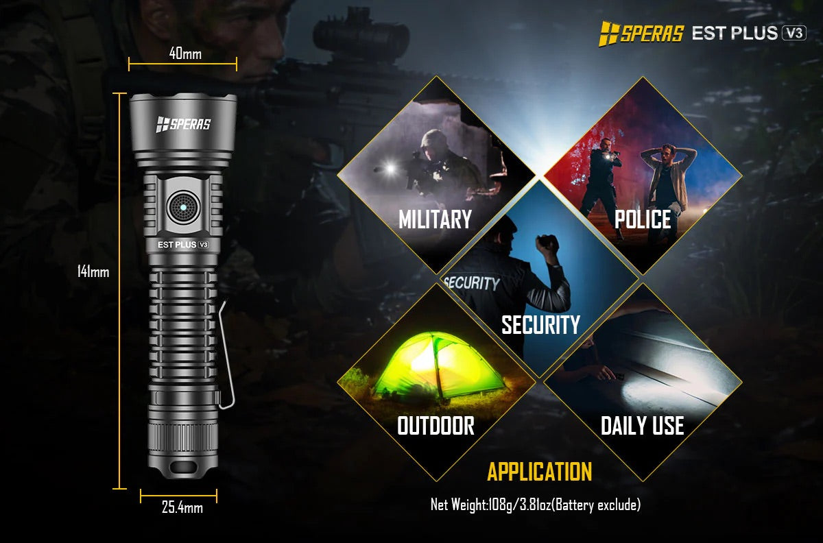 SPERAS EST PLUS V3 3000 Lumen Tactical Flashlight (800m Throw) – USB-C Rechargeable 21700 Torch