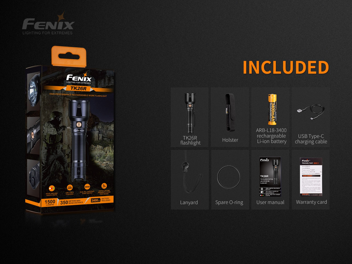 Fenix TK26R Tri-coloured 1500 Lumen Rechargeable LED torch