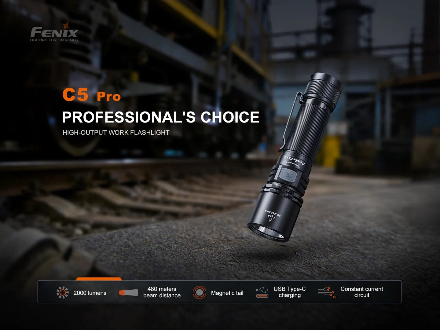 Fenix C5 Pro Heavy Duty Compact Long Throw Rechargeable Flashlight - 2000 Lumens, 480 Metres