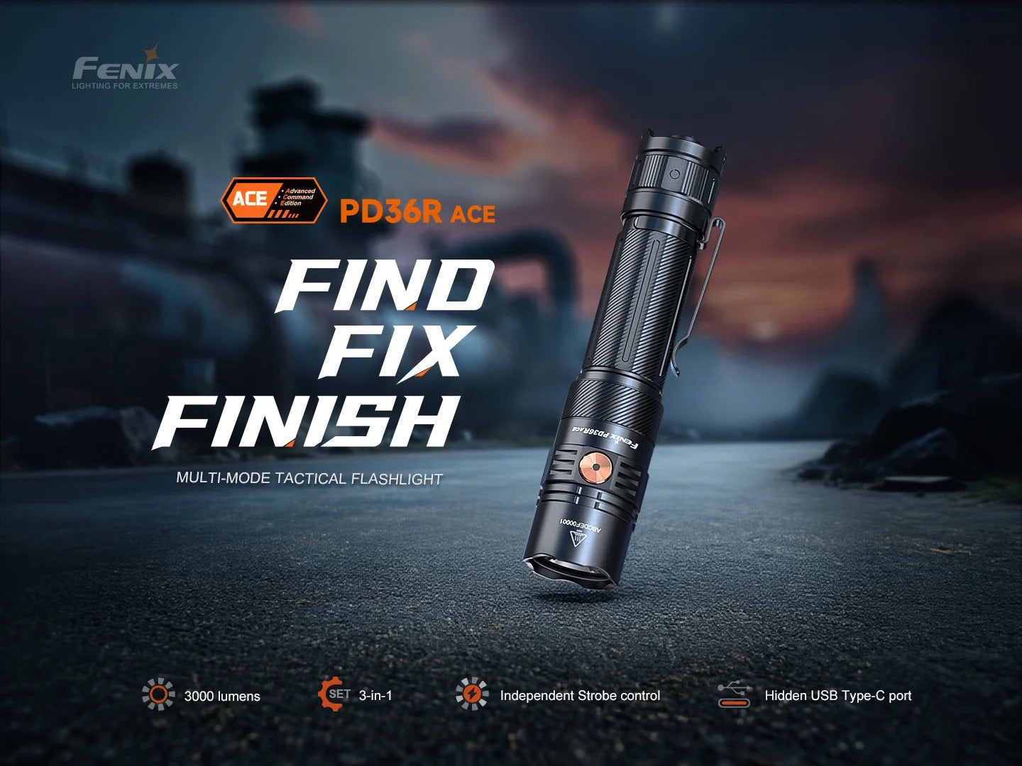 Fenix PD36R ACE 3000 Lumen USB-C Rechargeable Tactical Flashlight - 415 Metres