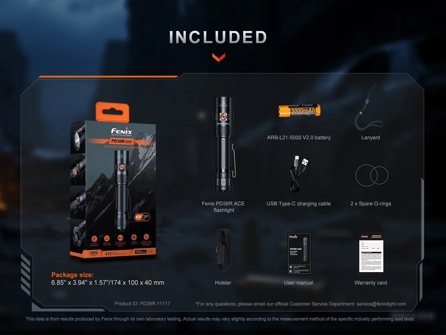 Fenix PD36R ACE 3000 Lumen USB-C Rechargeable Tactical Flashlight - 415 Metres