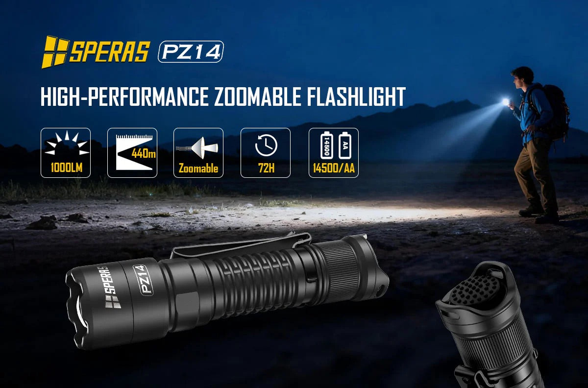 SPERAS PZ14 Zoomable EDC Tactical Hunting Outdoor Flashlight - 1000 Lumens, 440 Metres