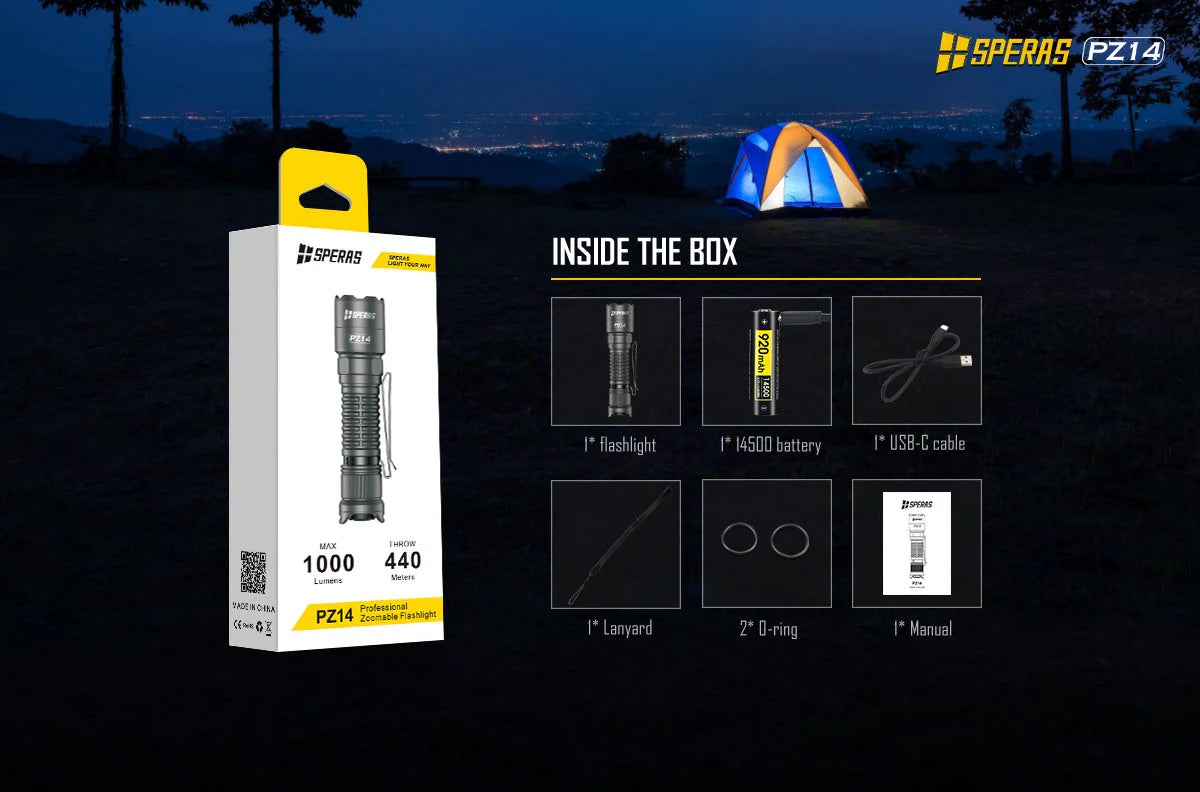 SPERAS PZ14 Zoomable EDC Tactical Hunting Outdoor Flashlight - 1000 Lumens, 440 Metres