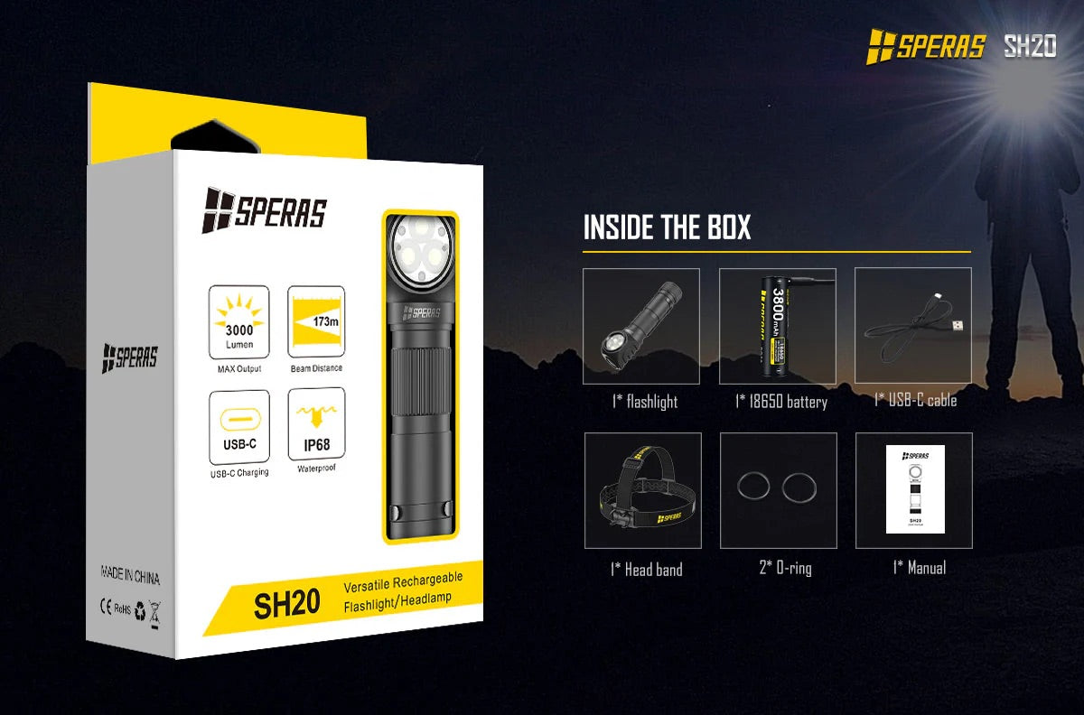 SPERAS SH20 Red and White Light Headlamp - 3000 Lumens, 173 Metres