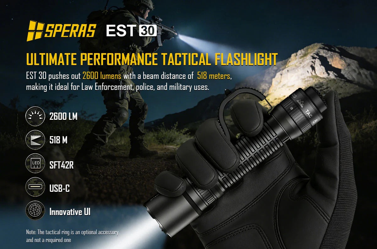 SPERAS EST30 2600 Lumen Tactical Flashlight - Instant One-Step Strobe Outdoor Torch