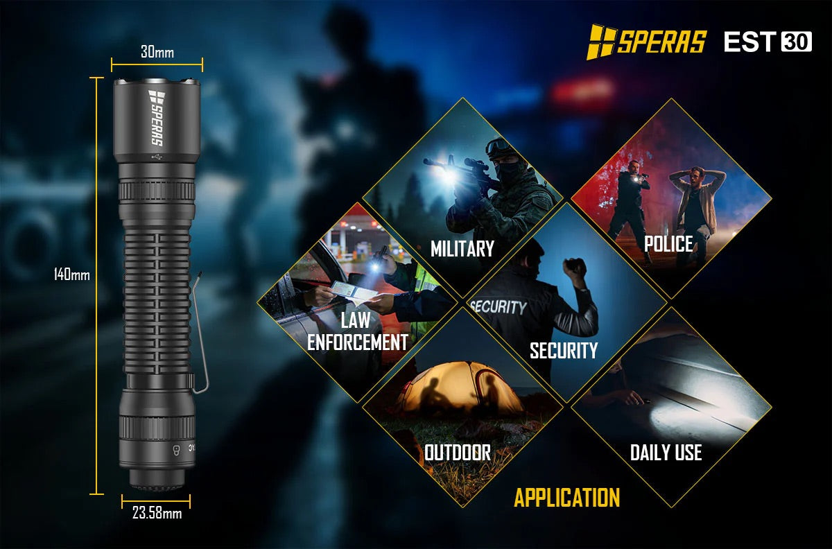 SPERAS EST30 2600 Lumen Tactical Flashlight - Instant One-Step Strobe Outdoor Torch