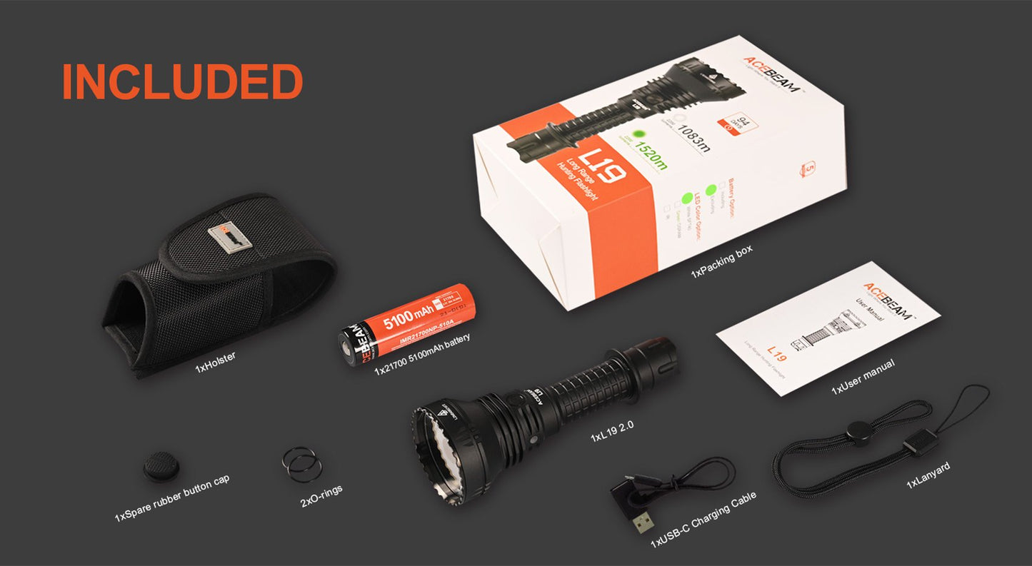 AceBeam L19 V2.0 2200 Lumen Rechargeable Flashlight Kit - 1083m