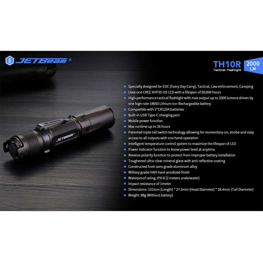 JETBeam TH10R 2000 Lumen Rechargeable Tactical Flashlight