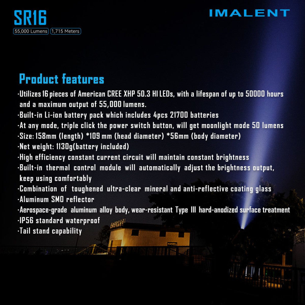 Imalent SR16 55,000 Lumen Rechargeable Searchlight - 1715m