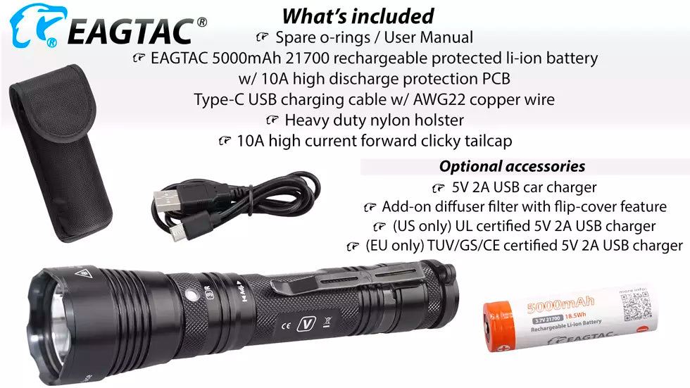 EagleTac G3V 3200 Lumen USB-C Rechargeable Tactical Flashlight
