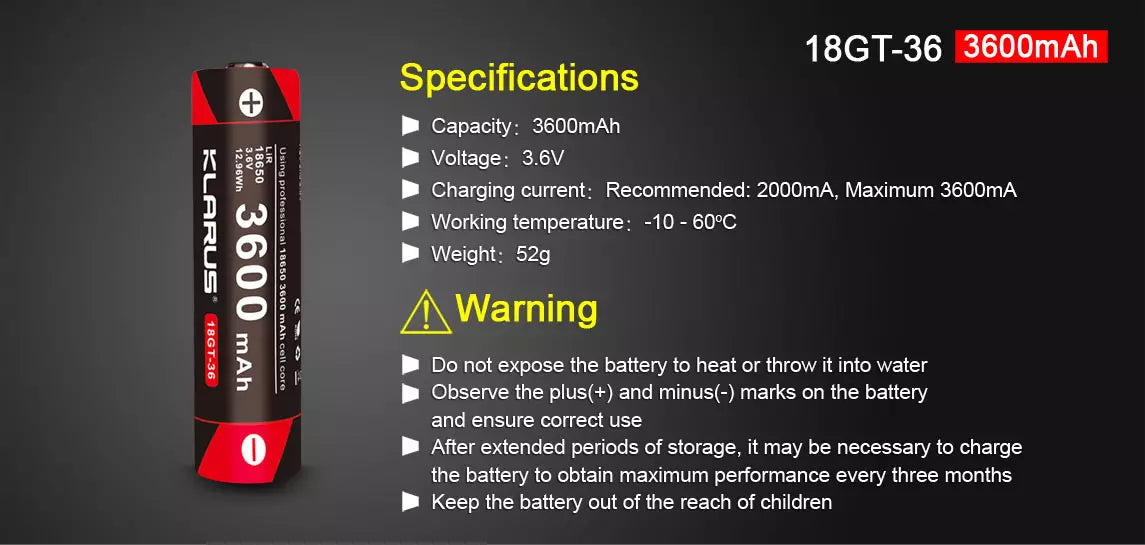 Klarus 3600mAh 18GT-36 18650 Rechargeable Battery