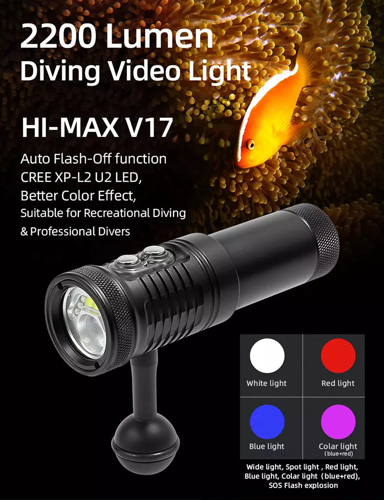 Hi-Max V17 2200 Lumen Professional Photo/Video Torch (Auto Flash LED and White/Red UV Light)