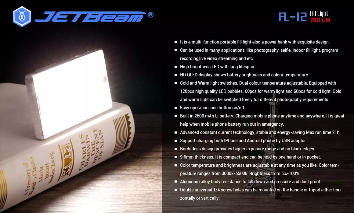 JETBeam FL12 780 Lumen Fill Light + Power Bank