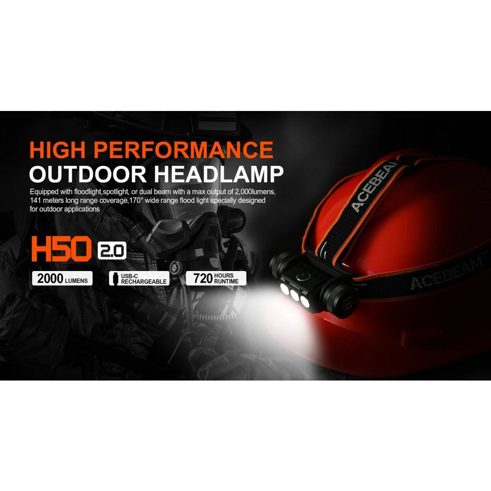 AceBeam H50 2.0 2000 Lumen High Performance Rechargeable Headlamp - Torch Depot
